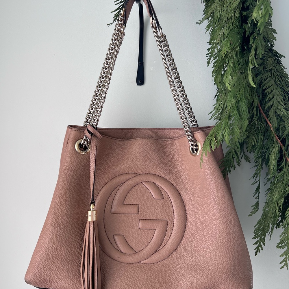 Gucci Soho Chain Tote Tan/Beige Pebbled Leather Authentic